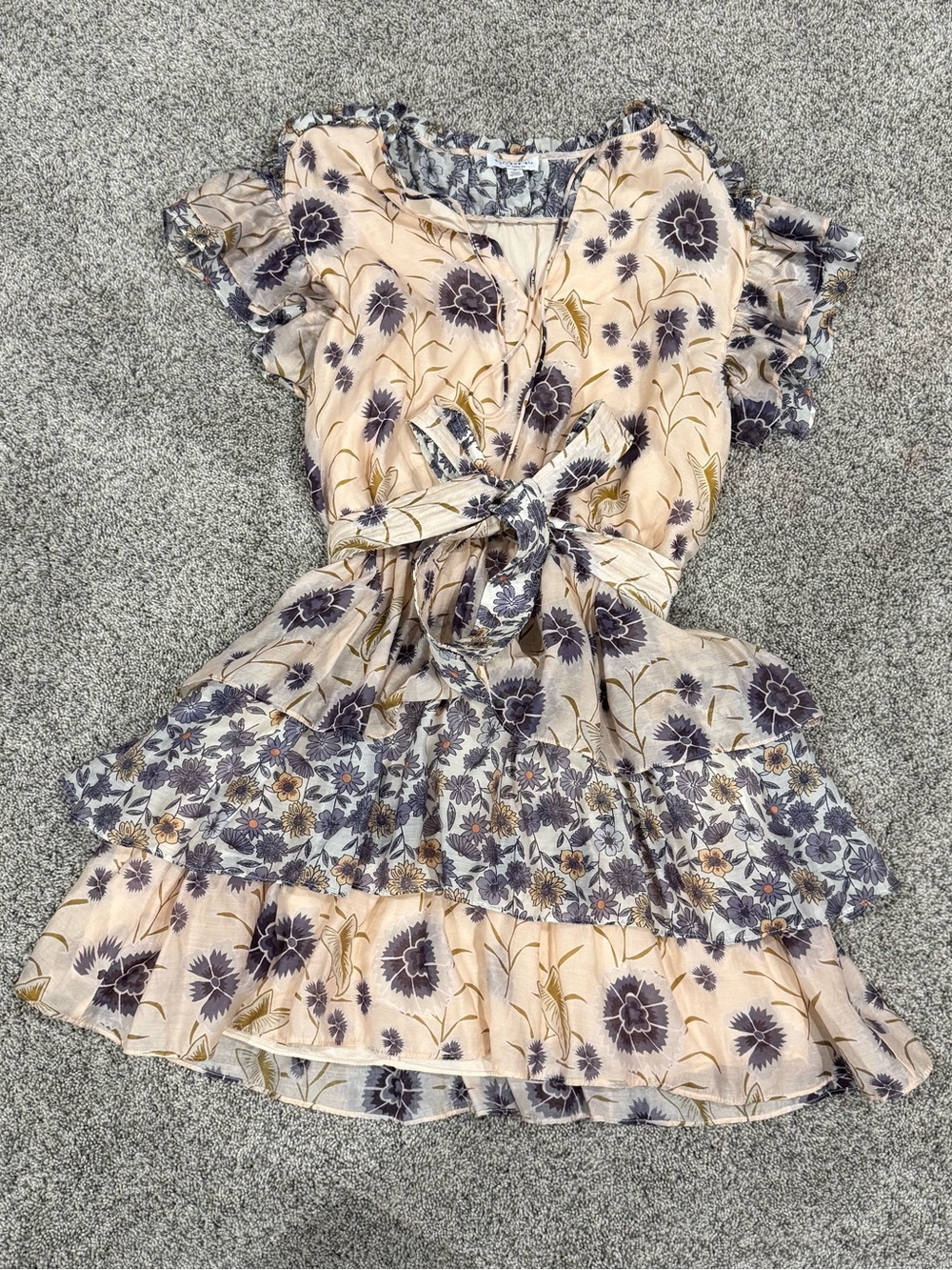 Current Air Brown Blue Floral Tiered Ruffle Mini Dress Belted Princess Women’s M